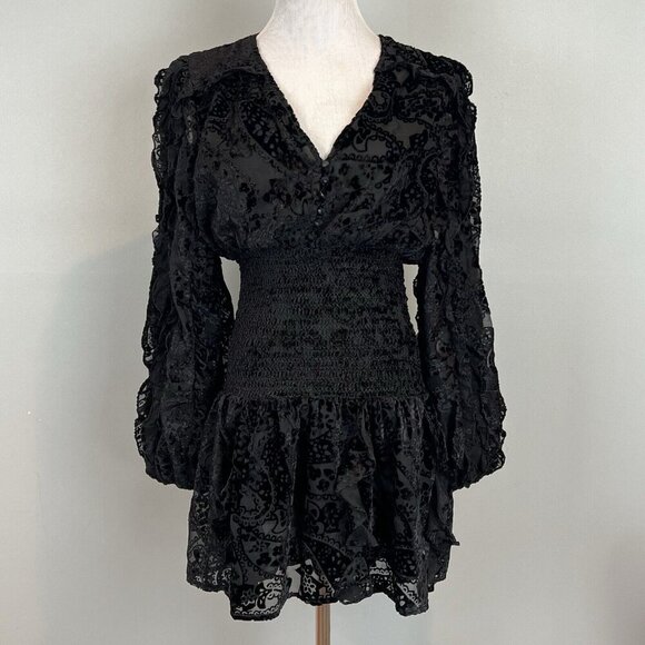 Rococo Sand Black Sade Mini Dress Size Large Velvet Burnout Smocked Bodice NWT - Picture 2 of 16